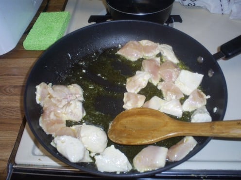 Sautee two cut up chicken breasts in olive oil.