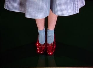 Ruby Red Slippers from Wizard of Oz worn by Dorothy in her blue dress and blue socks