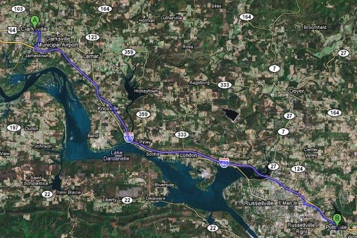 Satellite map of Clarksville to Pottsville. Maps with the satellite overlay show more points of interest we might want to see that we might miss in regular maps or other media.