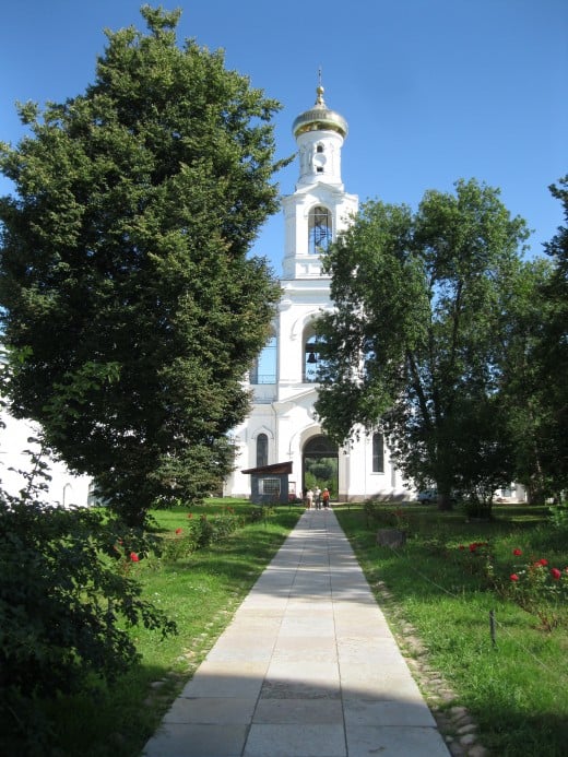 Bell Tower at entrance to St. George's Monastery in Veliky Novgorod, Russia