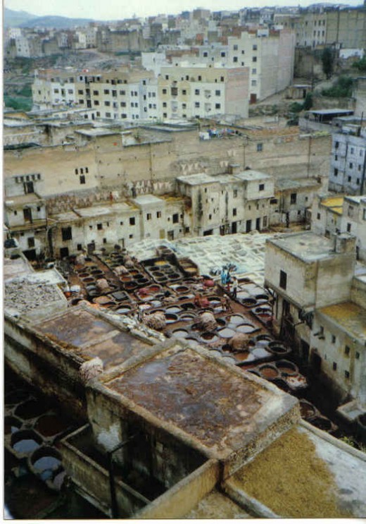 Fes, Morocco - Tanneries in the dyers district where silk, cloth, leader, wool are dyed in top of the roofs of the houses.