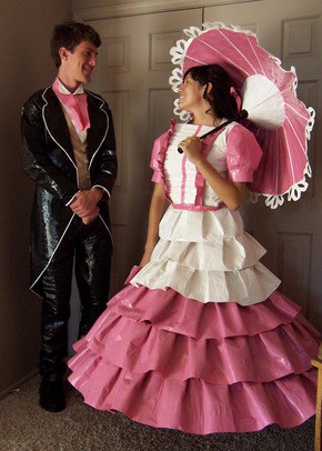 Prom dress and suit created with duct tape.