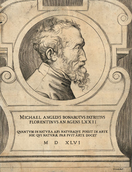 Michelangelo Buonarroti by Giulio Bonasone 1546. See: http://en.wikipedia.org/wiki/File:Michelangelo_by_Giulio_Bonasone.jpg