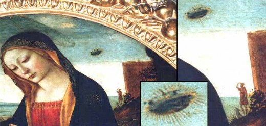 This painting from the 14th century also clearly shows some kind of flying saucer in the sky being lit up and emanating beams of light.