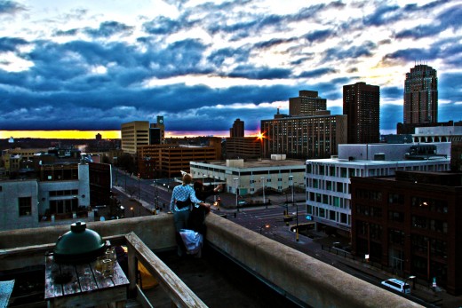A rooftop embrace of Minneapolis after an amazing night.