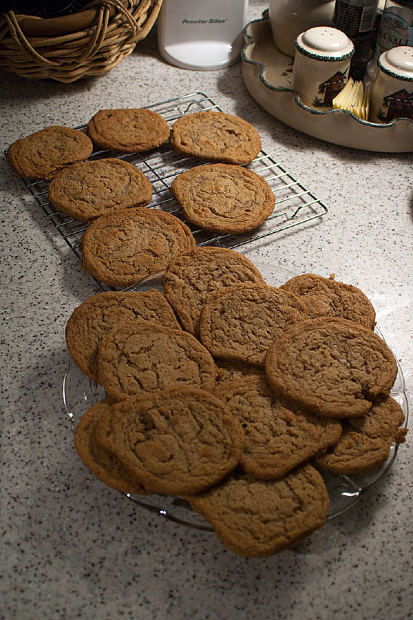 Fresh baked cookies on a cooling rack.