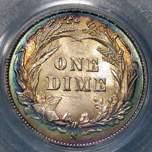 Barber Dime Reverse. Slightly Toned. Mintmark is below wreath. Photo Courtesy: coinpage.com