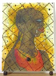 'No Woman No Cry' by Chris Ofili (1998). The painting stands on two dried, varnished lumps of elephant dung. A third is used as the pendant of the necklace.