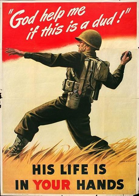 Servicemen were sometimes shown in action on war posters such as this soldier about to unload a hand grenade against some enemy soldiers.