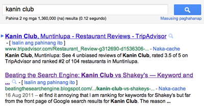 Ranking of my Blogger blog post about Kanin Club on the second page
