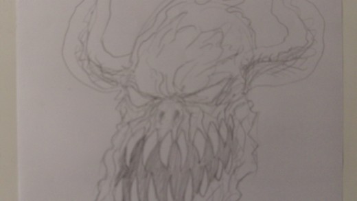 A pencil head sketch of a demon creature, loose line sketching.