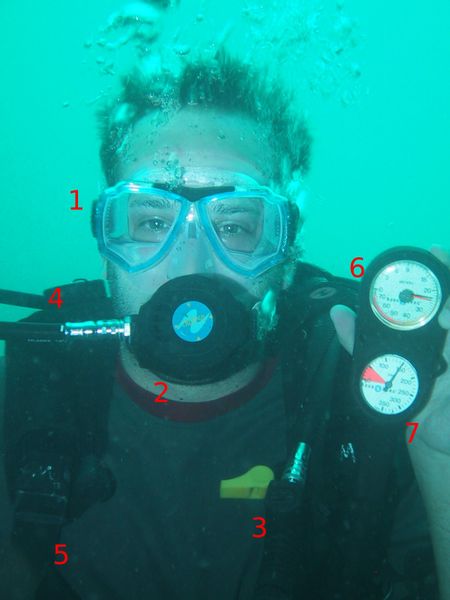 Face-and-shoulders view of a SCUBA diver, with noticeable equipment