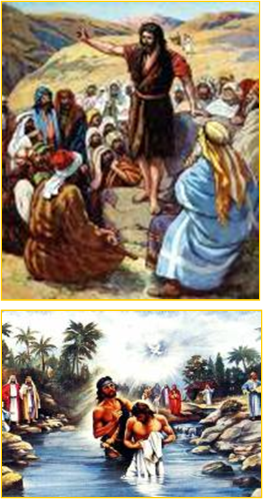 John the Baptist telling all how God's Promise of a Savior is coming true in Jesus the Christ. Jesus being baptised by John.