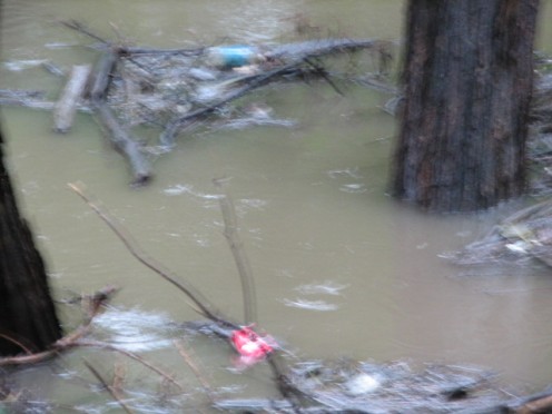 Garbage and debris fill the rising water.