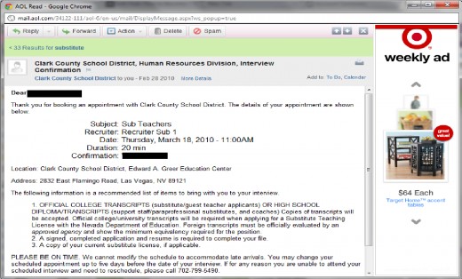 My interview confirmation, dated 02/28/2010, for an interview for mid-March.