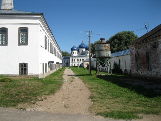 Orlov Cell Building (on left) inside Yuryev (St George) Monastery near Veliky Novgorod, Russia.