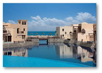 Cove Rotana Resort, greek-inspired hotel resort down the mountain side of Ras Al Khaimah