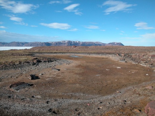 For thousands of years this small lake on the Arctic's Ellesmere Island had been full (and often frozen.)  Not in July of 2006, not any more.  Image courtesy Marianne Douglas and Wikimedia Commons.