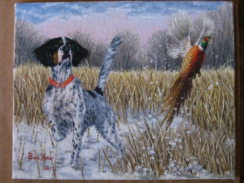 Oil Painting of hunting dog flushing out a pheasant in a snowy field. 