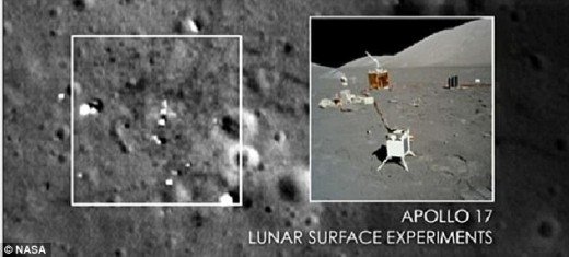 The square to the left apparently shows debris and litter from the Apollo craft that was left on the moon