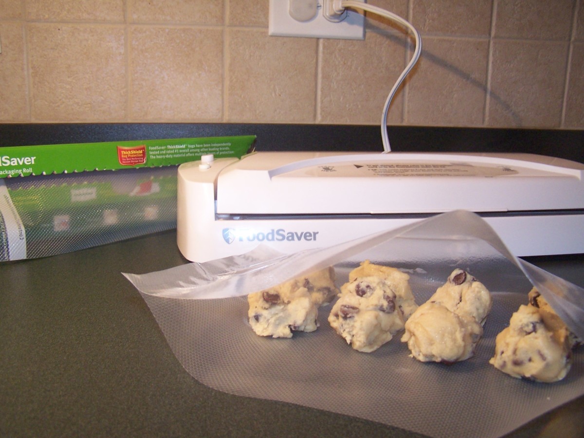 Cut a FoodSaver bag to the appropriate size or use a pre-made size and add an appropriate amount of cookie dough balls. I like to package them in groups of 8-10.