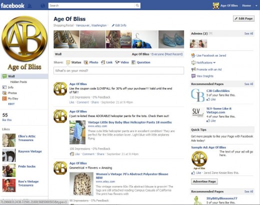 My facebook page for my Etsy shop. The facebook connection allows for extremely easy sharing of any item as well as using other promotional ideas within facebook.