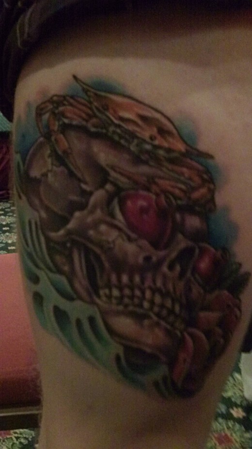 A nautical-themed skull tattoo. Skull imagery is a traditional theme in tattoo art.