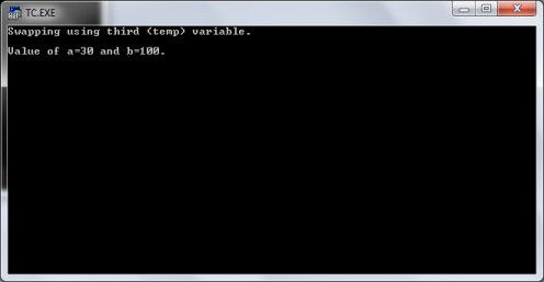 Program output of swap two numbers using third variable in C language.