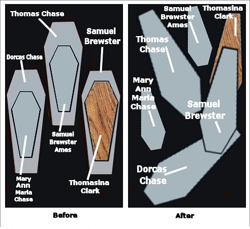 The before and after positions of the coffins in Chase Vault