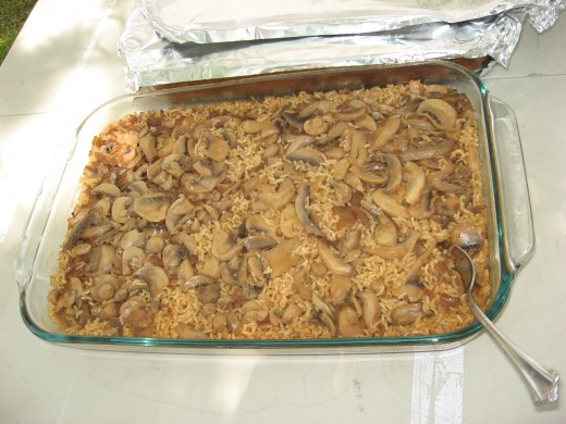 My daughters always bring dishes to our Thanksgiving dinner, like this rice and mushroom casserole.