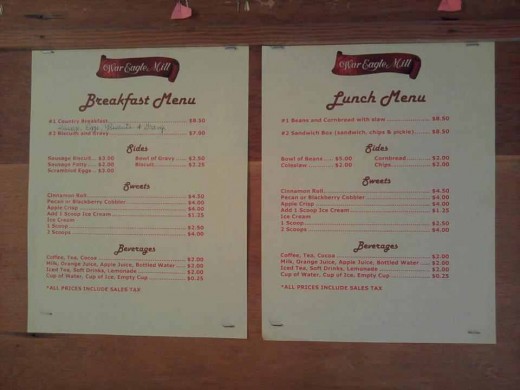 The menu for the War Eagle Mill Restaurant has items made from freshly milled ingredients.