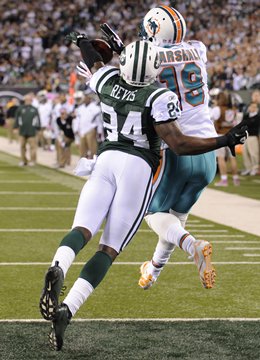 Darelle Revis matches up with Brandon Marshall in the NYJ win October 17, 2011 at Met Life Stadium