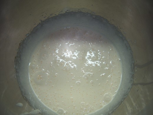 6. Whisk the eggs and sugar together in a large bowl until pale and double in volume. It should look like this with little bubbles coming to the surface.Be careful not to over whisk though!