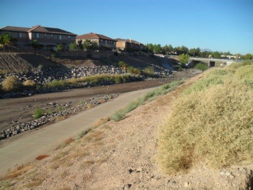 Looking down from the upper lip of the structured flood control project 