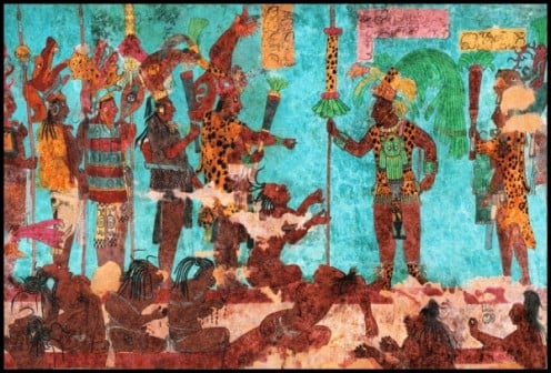 Warriors with captives from a raiding party, from the murals at Bonampak, Chiapas, Mexico. 
