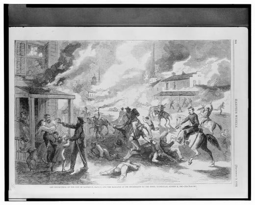 The destruction of the city of Lawrence, Kansas, and the massacre of its inhabitants by the Rebel guerrillas, August 21, 1863  - Illus. in: Harper's weekly, v. 7, no. 349 (1863 September 5), p. 564.