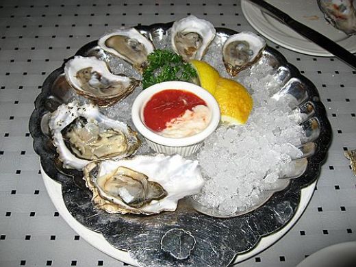 Raw Oysters On The Half Shell. Notice The Cup Of Half Cocktail Sauce , Half Tartar Sauce For Dipping The Raw Oysters In. 