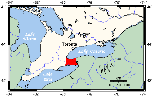Map location of the Niagara Region, Ontario