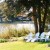 This grouping of chairs overlooks the lake and a cluster of gazebos. 