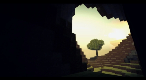 A tree seen from a cave in Minecraft.