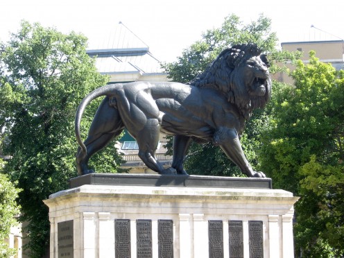 The Maiwand Lion cast iron statue in Forbury Gardens, Reading, Berks.