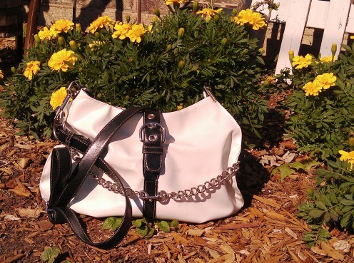 Vegan Spectator Tote in faux white leather with faux leather straps and chains