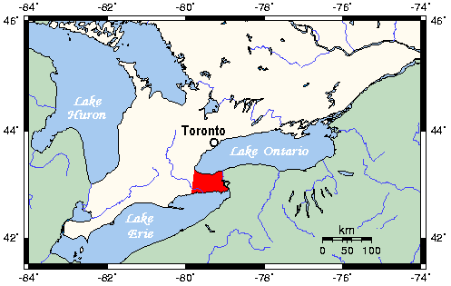 Map location of the Niagara Region, Ontario 