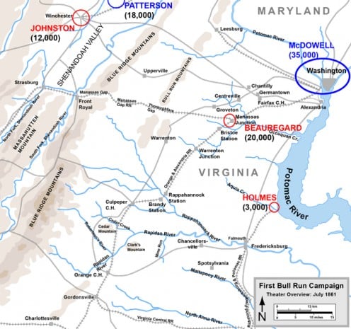 The location of Union and Confederate forces at the beginning of the Civil War.