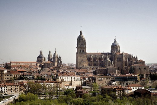 Salamanca, Spain with the university on the left and the cathedral on the right.