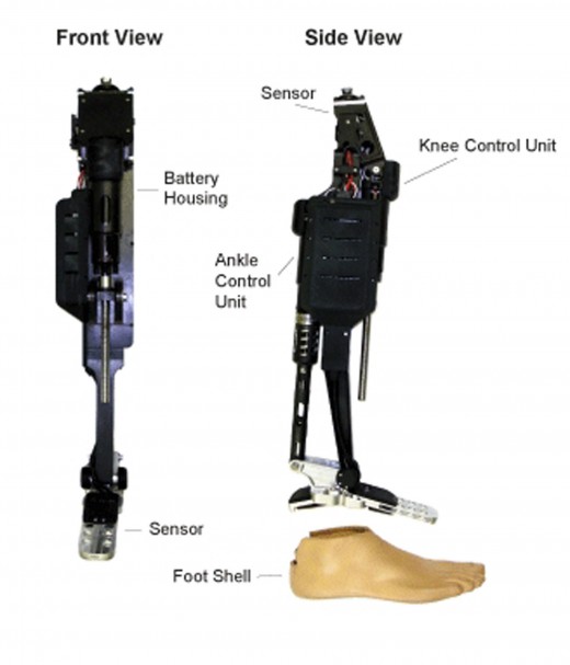 Front and side views of the Vanderbilt powered knee and ankle prosthesis. Goldfarb Leg (Michael Goldfarb, team leader).