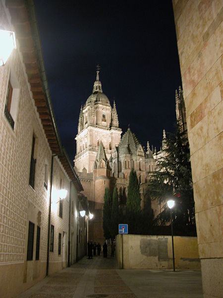 Street in the old city of Salamanca, Spain.  The new cathedral is in the background.