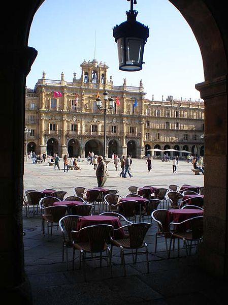 La Plaza Mayor, the main square, of Salamanca, Spain.  Its baroque architecture and design is said by the Spanish to be the most beautiful in all of Spain.