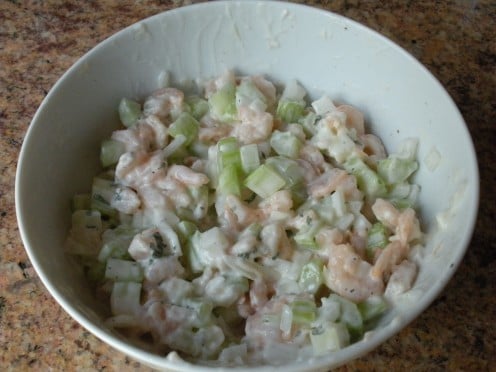 Shrimp salad made from frozen cooked shrimp.
