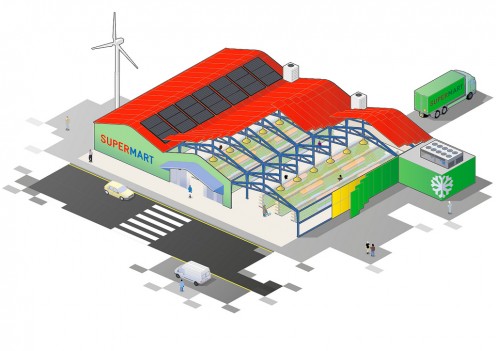 Illustration depicting modern construction methods that make a commercial building more energy efficient.